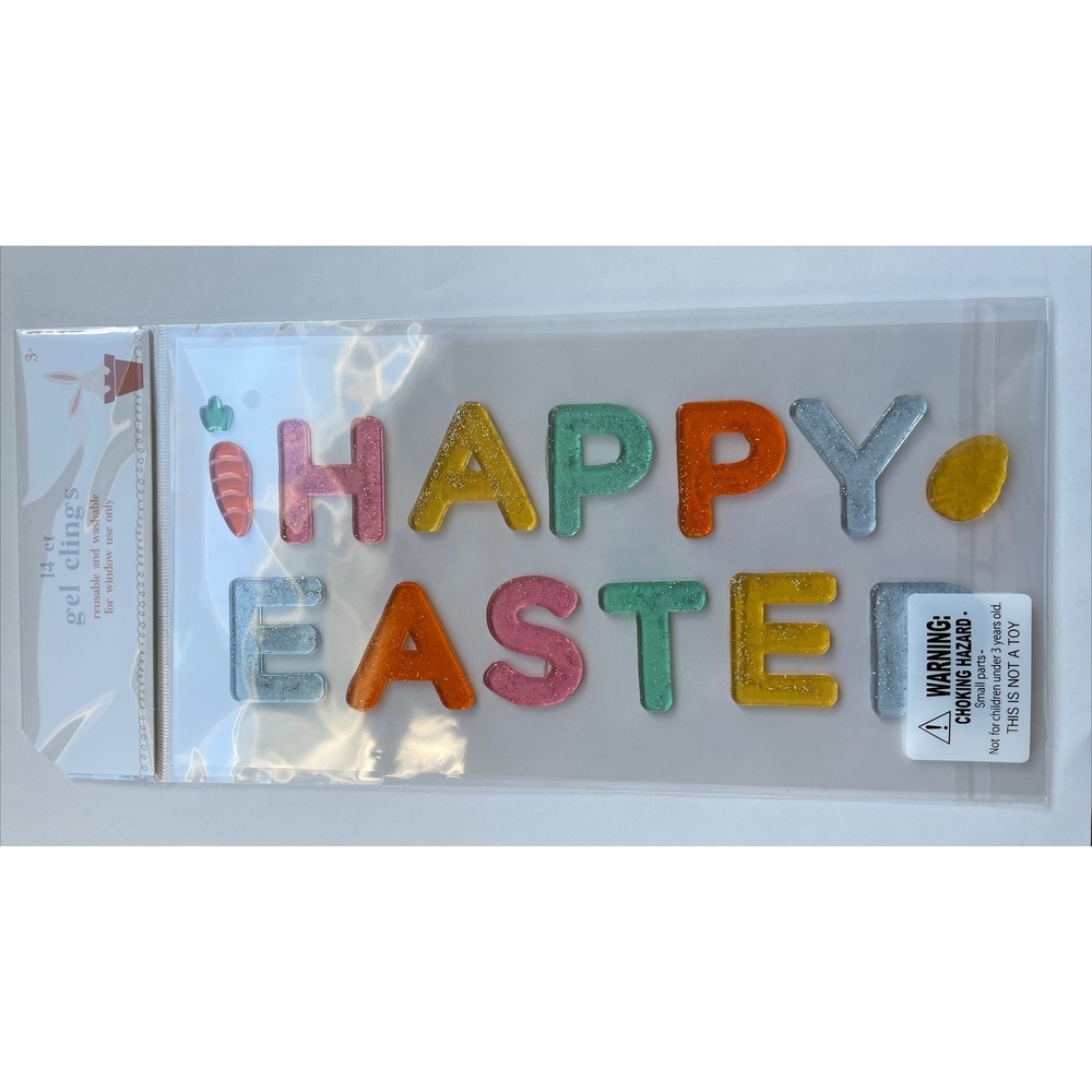 NEW Glittery Shiny HAPPY EASTER Eggs CUTE Window Gel Clings Stickers 14 ct Decor
